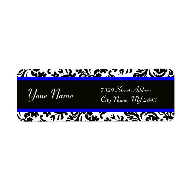 BLACK WHITE BLUE  ART NOUVEAU DAMASK RETURN ADDRESS LABEL (Front)