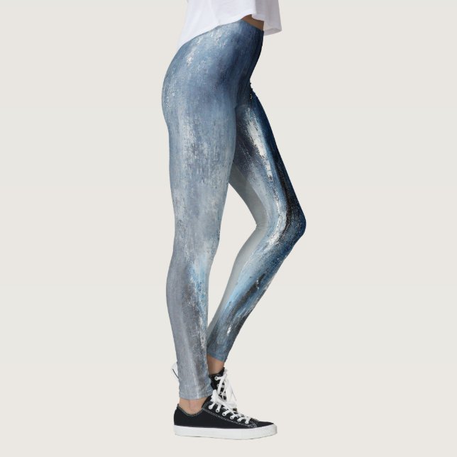 Black White Blue Calming Seas Abstract Leggings (Right)