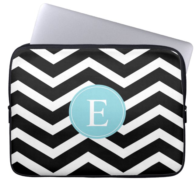 Black White Blue Chevron Custom Laptop Sleeve (Front)