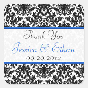 Black White Blue Damask 1.5" Wedding Favour Sticke Square Sticker