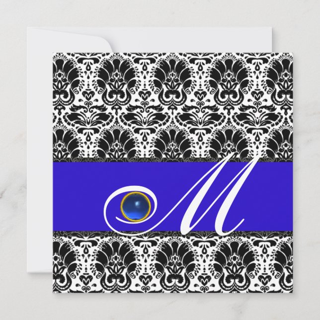 BLACK WHITE BLUE DAMASK MONOGRAM Sapphire Invitation (Front)