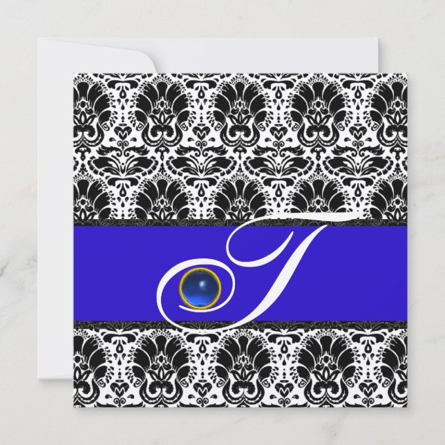 BLACK WHITE BLUE DAMASK MONOGRAM Sapphire Metallic Invitation (Front)