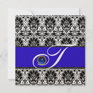 BLACK WHITE BLUE DAMASK MONOGRAM Sapphire Metallic Invitation