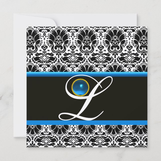 BLACK WHITE BLUE DAMASK MONOGRAM Sapphire Metallic Invitation (Front)