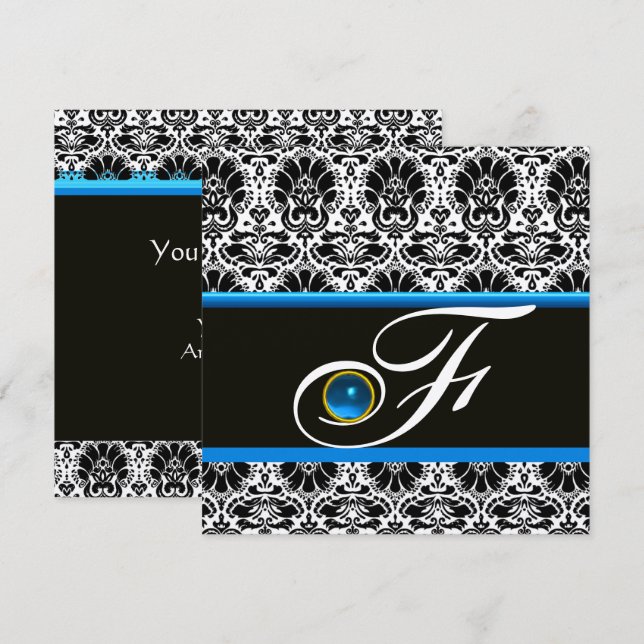 BLACK WHITE BLUE DAMASK MONOGRAM Sapphire Silver Invitation (Front/Back)