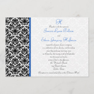 Black, White, Blue Damask Wedding Invitation