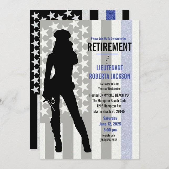 Black White Blue Flag Police Woman Retirement   Invitation (Front/Back)
