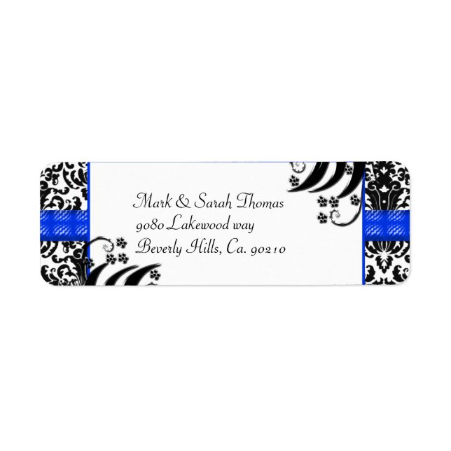 Black, White, & Blue Floral Damask Return Address Label (Front)