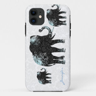 Black White & Blue Floral Elephants & Damasks iPhone 11 Case