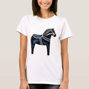 Black/white/blue Folk Dala horse/Folk Friesian T-Shirt