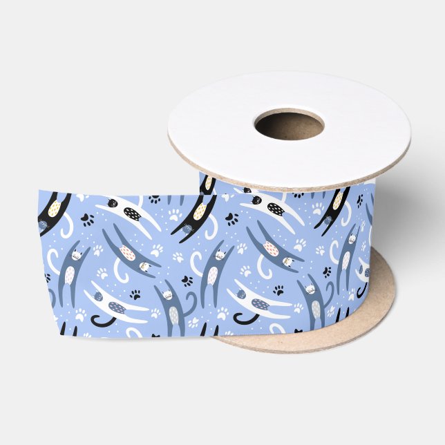 Black White Blue Fun Cartoon Cat Pattern Satin Ribbon (Spool)