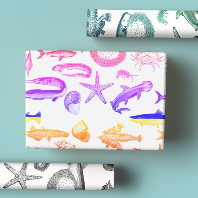 Black & White, Blue Green & Rainbow Sea Creatures  Wrapping Paper Sheet (Creator Uploaded)