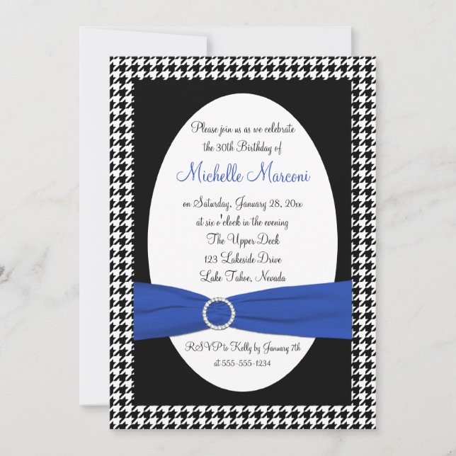Black White Blue Houndstooth 30th Birthday Invite (Front)