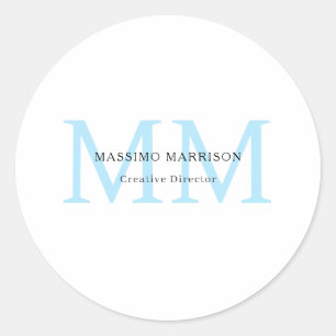 Black White Blue Minimalist Professional Monogram Classic Round Sticker