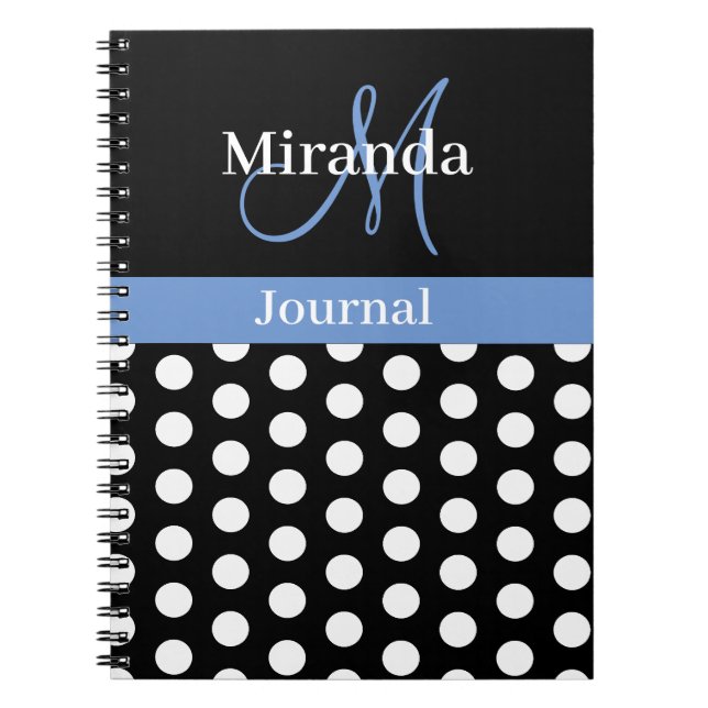 Black White Blue Monogram Script Polka Dot Notebook (Front)