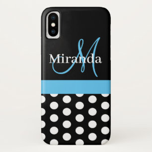 Black White Blue Monogram Script Polka Dots iPhone X Case