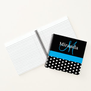 Black White Blue Monogram Script Polka Dots Notebook