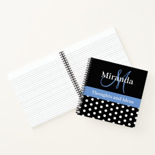 Black White Blue Monogram Script Polka Dots Notebook