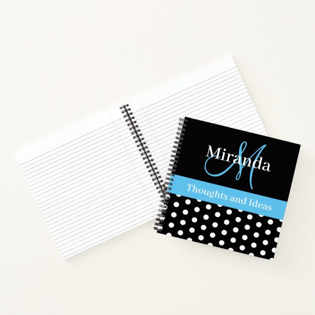 Black White Blue Monogram Script Polka Dots Notebook (Inside)
