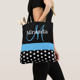 Black White Blue Monogram Script Polka Dots Tote Bag