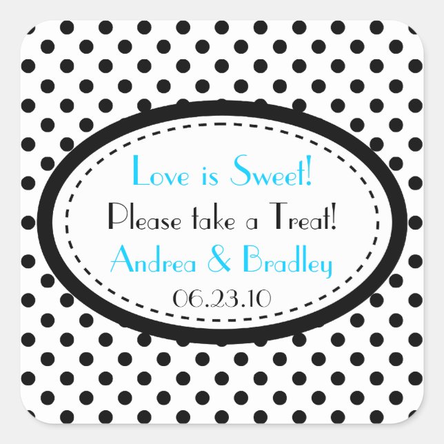 Black White Blue Polka Dot Candy Buffet Wedding Square Sticker (Front)