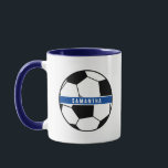 Black White & Blue Soccer Football Sports Monogram Mug<br><div class="desc">Black and white soccer ball sports monogram</div>