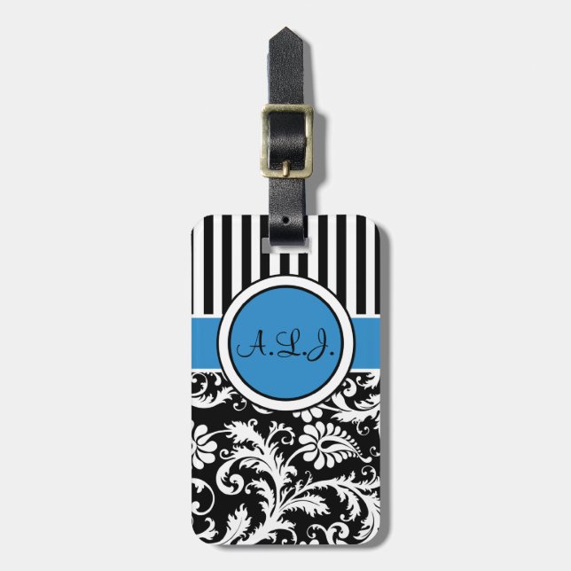 Black, White, Blue Striped Damask Luggage Tag (Front Vertical)