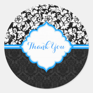 Black White & Blue Vintage Floral Damasks Classic Round Sticker