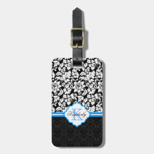 Black White & Blue Vintage Floral Damasks Luggage Tag