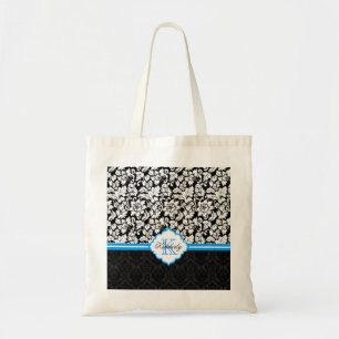 Black White & Blue Vintage Floral Damasks Tote Bag