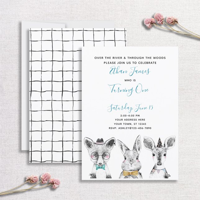 Black White Blue Woodland 1st Birthday Party Invitation (Creator Uploaded)