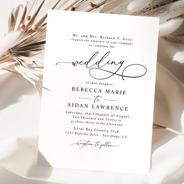 Black White Blush Elegant Script Modern Wedding Invitation (Creator Uploaded)
