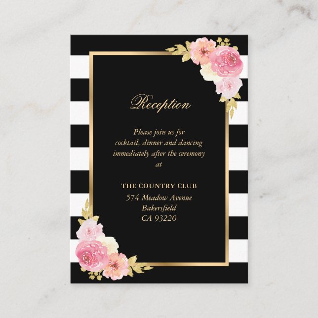 Black White Blush Pink Floral Wedding Reception Enclosure Card (Front)