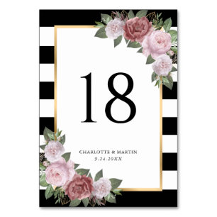 Black White Blush Pink Floral Wedding Table Number