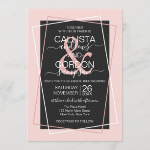 Black White Blush Pink Titled Geo Border Wedding Invitation