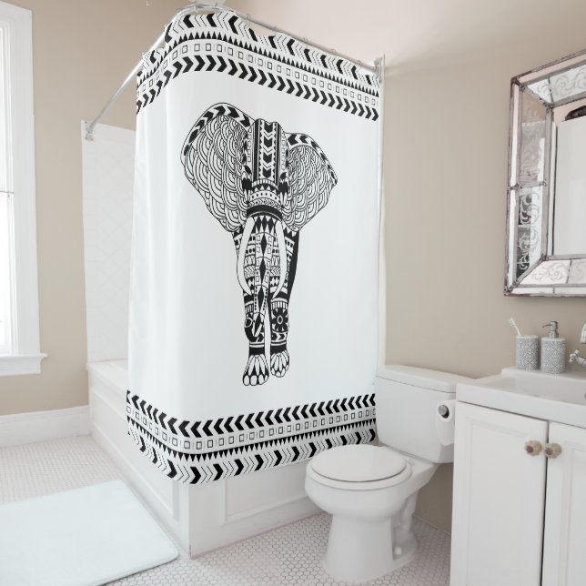 Black & White Bohemian Elephant Shower Curtain (In Situ)