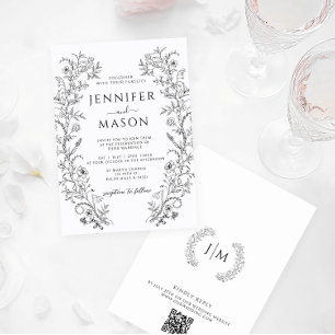 Black White Bohemian Floral French Wedding Invitation