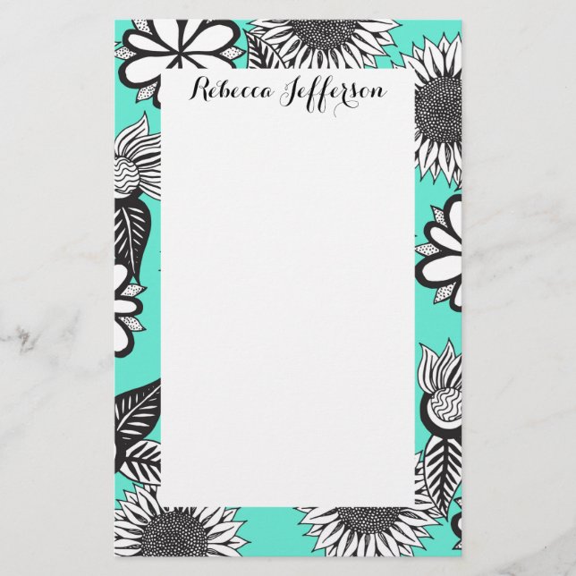 Black White Bohemian Hand Drawn Flowers on Teal Stationery (Front)