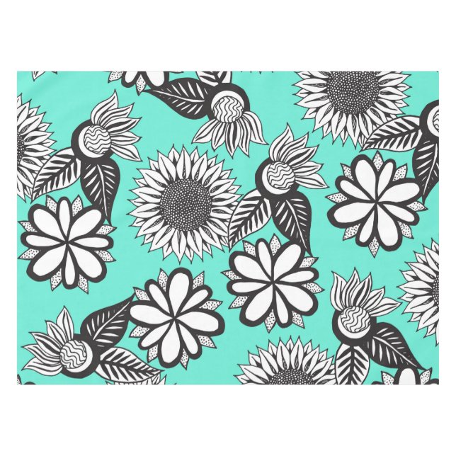 Black White Bohemian Hand Drawn Flowers on Teal Tablecloth (Front (Horizontal))