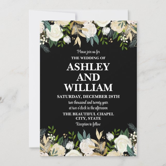 Black & White Boho Bohemian Chic Greenery Wedding Invitation (Front)