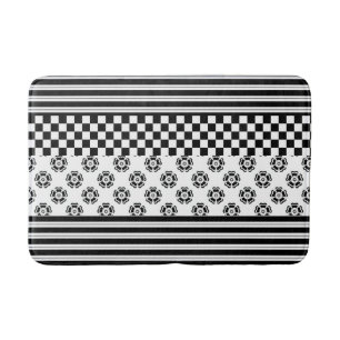 Black White Boho Check Floral Stripes Pattern Bath Mat