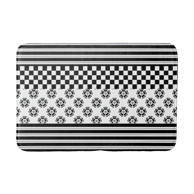 Black White Boho Check Floral Stripes Pattern Bath Mat (Front)