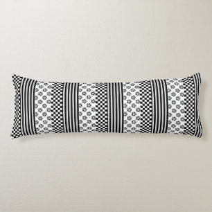 Black White Boho Check Floral Stripes Pattern Body Cushion