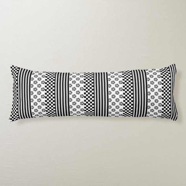 Black White Boho Check Floral Stripes Pattern Body Cushion (Front)
