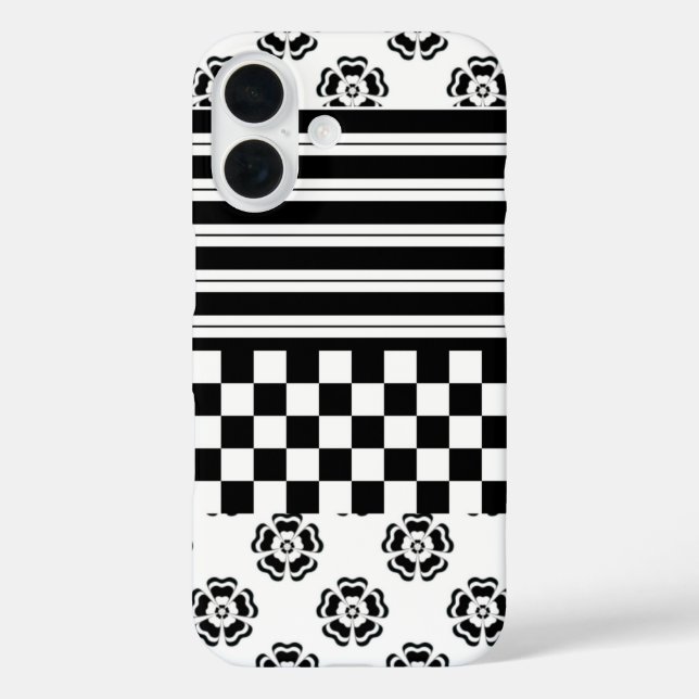 Black White Boho Check Floral Stripes Pattern Case-Mate iPhone Case (Back)
