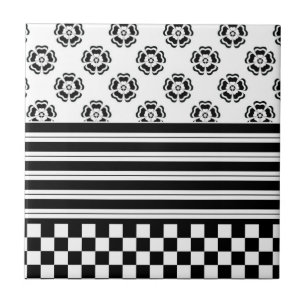 Black White Boho Check Floral Stripes Pattern Ceramic Tile