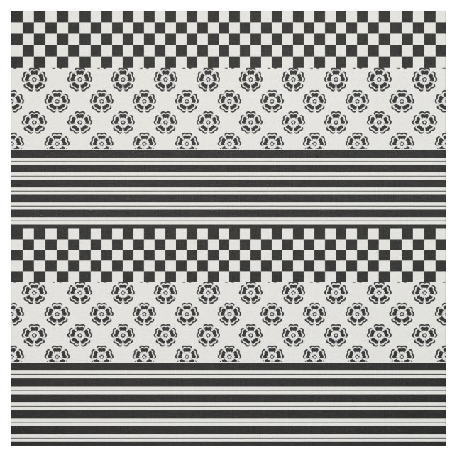Black White Boho Check Floral Stripes Pattern Fabric (Swatch)