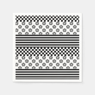 Black White Boho Check Floral Stripes Pattern Napkin