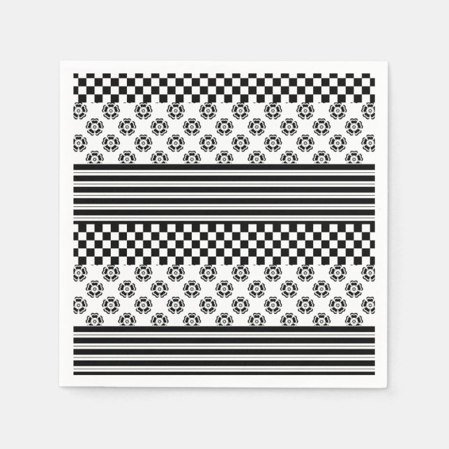 Black White Boho Check Floral Stripes Pattern Napkin (Front)
