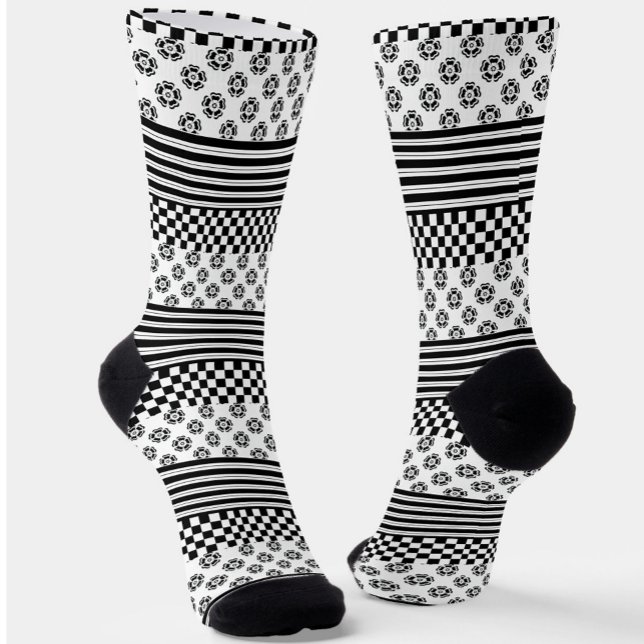 Black White Boho Check Floral Stripes Pattern Socks (Creator Uploaded)